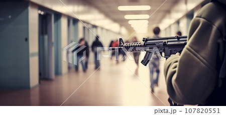 Active shooter taking gun in classroom ready for mass school shooting. Boy student with machine gun by high school shooting concept copy space Active shooter taking gun in classroom ready for mass school shooting. Boy student with machine gun by high school shooting concept copy space 107820551