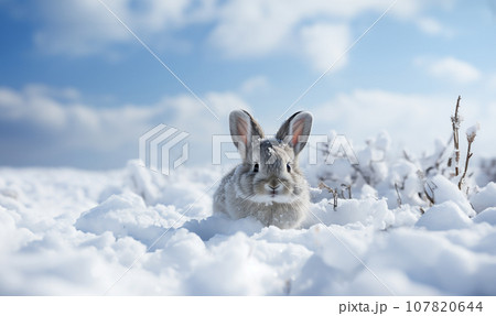 Cute bunny ears in the fresh white snow with blue sky. Winter theme rabbit, Easter or Christmas bunny concept in beautiful winter landscape with copy space 107820644