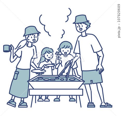 家族といっしょにキャンプでバーベキュー 107820689