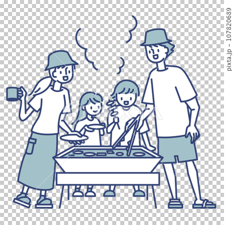 家族といっしょにキャンプでバーベキュー 107820689