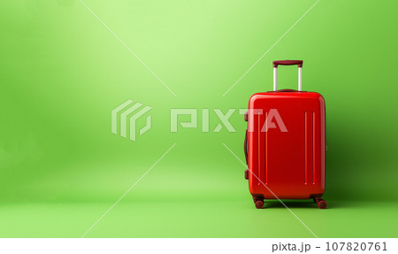 Stylish suitcase on a green background. Travel and vacation concept in triples. Trolley suitcase. copy space Holiday and summer concept Stylish suitcase on a green background. Travel and vacation concept in triples. Trolley suitcase. copy space Holiday and summer concept 107820761