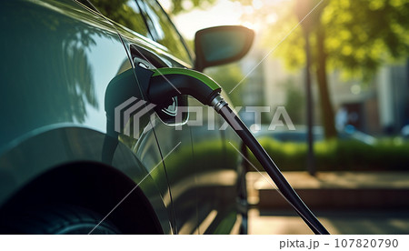 Power supply for electric car charging. Electric car charging station. Close up of the power supply plugged into an electric car being charged. 107820790