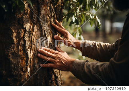 A man's hand touches a tree trunk close-up....のイラスト素材 [107820910] - PIXTA
