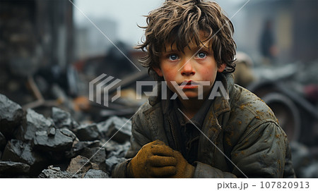 a shocked child sits on the ruins of a house in...のイラスト素材 [107820913
