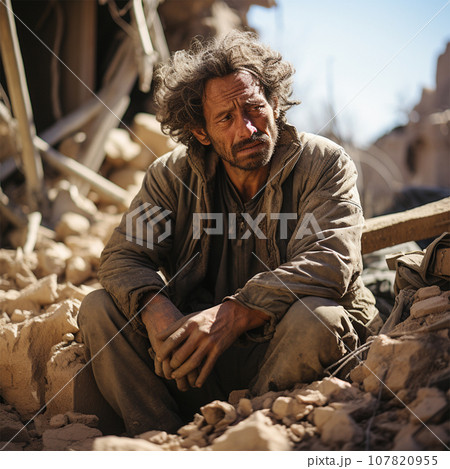a shocked man sits on the ruins of a house in a...のイラスト素材 [107820955