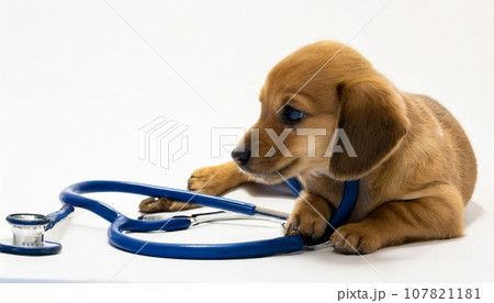聴診器で診察をける犬 107821181
