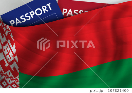 Belarusian flag background and passport of Belarus. Citizenship, official legal immigration, visa Belarusian flag background and passport of Belarus. Citizenship, official legal immigration, visa 107821400