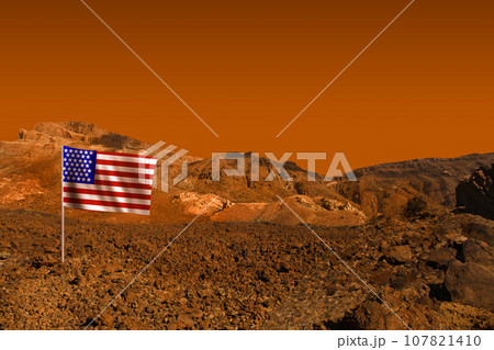 Red planet desert with US flag 107821410
