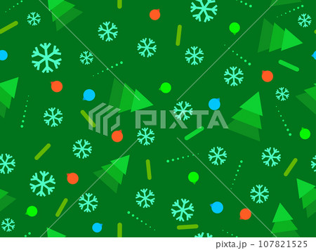 Christmas seamless pattern with fir trees, snowflakes and Christmas balls. 80s Memphis geometric Xmas tree decorations. Holiday design for print, wrapping paper and banners. Vector illustration 107821525