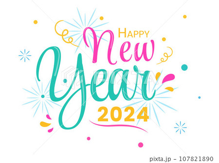 Happy New Year 2024 Celebration Vector Illustration with Trumpet, Fireworks, Ribbons and Confetti in Holiday National Flat Cartoon Background Happy New Year 2024 Celebration Vector Illustration with Trumpet, Fireworks, Ribbons and Confetti in Holiday National Flat Cartoon Background 107821890