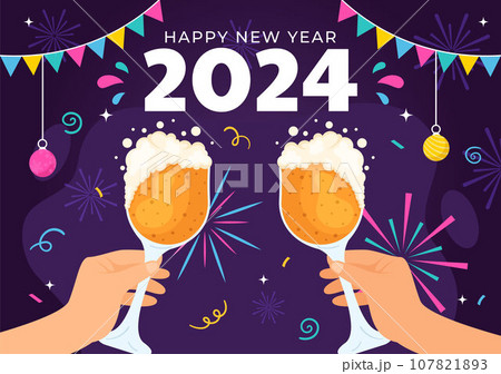 Happy New Year 2024 Celebration Vector Illustration with Trumpet, Fireworks, Ribbons and Confetti in Holiday National Flat Cartoon Background Happy New Year 2024 Celebration Vector Illustration with Trumpet, Fireworks, Ribbons and Confetti in Holiday National Flat Cartoon Background 107821893