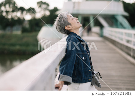 吊り橋を渡るグレイヘアの上品な日本人女性 吊り橋を渡るグレイヘアの上品な日本人女性 107821982