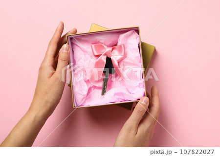 A car key in a box with Christmas decorations. 107822027