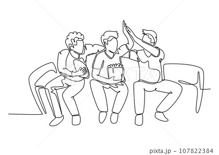 Single continuous line drawing young happy fans siting on sofa and watching their favorite club playing the match on the television. Fans club concept. One line draw graphic design vector illustration 107822384