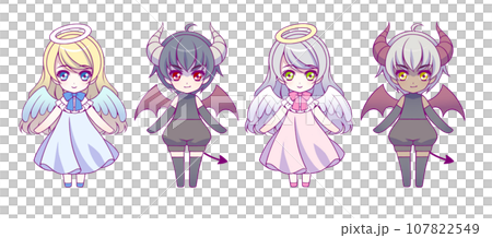 穿著天使和魔鬼服裝的兒童動漫風格人物變形全身插畫集 107822549