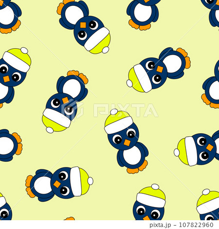 Colorful Seamless Pattern with Christmas Penguin in a Hat. Digital Paper with Penguin on Yellow background. Colorful Seamless Pattern with Christmas Penguin in a Hat. Digital Paper with Penguin on Yellow background. 107822960