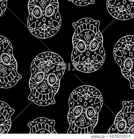 Black and White Seamless Pattern with Traditional Mexican Hand Drawn Skull. Dia De los Muertos Holiday Symbol. 107823015