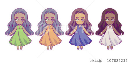 黒人の女の子キャラクターのアニメ風のデフォルメ全身イラストセット 黒人の女の子キャラクターのアニメ風のデフォルメ全身イラストセット 107823233