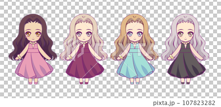 Deformed full body illustration set of anime style girl characters Deformed full body illustration set of anime style girl characters 107823282