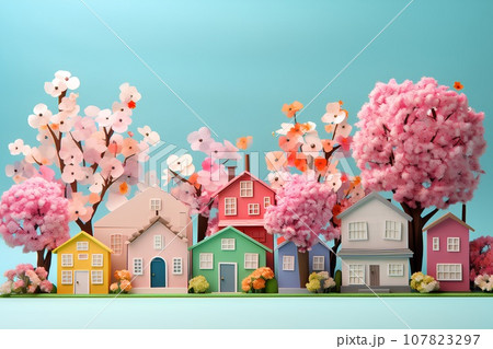 カラフルな家と桜の街並み(3D)楽しい街並みと街づくり。 カラフルな家と桜の街並み(3D)楽しい街並みと街づくり。 107823297