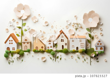 カラフルな家と桜の街並み(3D)楽しい街並みと街づくり。 カラフルな家と桜の街並み(3D)楽しい街並みと街づくり。 107823327