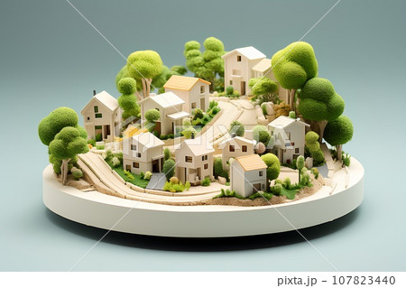 白とベージュの民家の春の風景(3D)楽しい街並みと街づくり。 白とベージュの民家の春の風景(3D)楽しい街並みと街づくり。 107823440