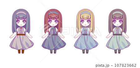 アニメ風の女の子キャラクターのデフォルメ全身イラストセットの