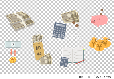 金錢材料套票據與存錢罐 金錢材料套票據與存錢罐 107823769