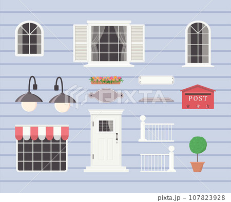Constructor of house elements from white door, windows, lanterns, plant 107823928