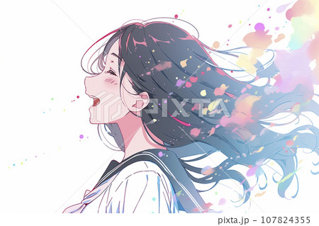喜ぶ笑顔の女子高生の横顔「AI生成画像」 107824355