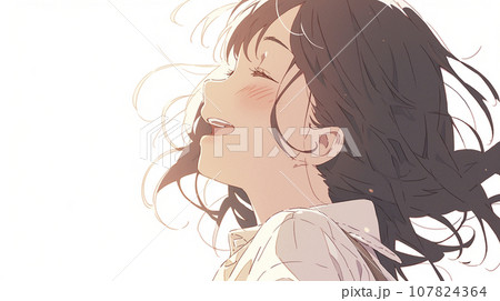 喜ぶ笑顔の女子高生の横顔「AI生成画像」のイラスト素材 [107824364