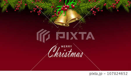 Christmas card with golden bells, fir branches and red berries 107824652