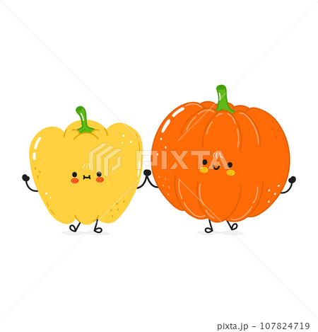 Bell pepper and pumpkin card. Vector hand drawn doodle style cartoon character illustration icon design. Happy Bell pepper and pumpkin friends concept card 107824719