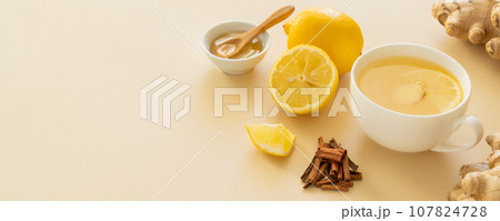 Ginger tea and ingredients - lemon, ginger, honey,  107824728