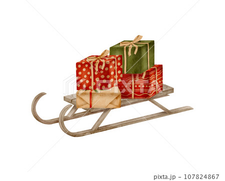 Watercolor Christmas sleigh with gift boxes. Hand drawn wooden Santa's sledge with presents Watercolor Christmas sleigh with gift boxes. Hand drawn wooden Santa's sledge with presents 107824867