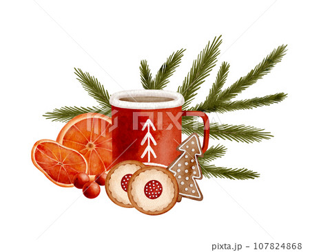 Watercolor Christmas hot drink composition. Hand drawn winter cocoa mug arrangement Watercolor Christmas hot drink composition. Hand drawn winter cocoa mug arrangement 107824868