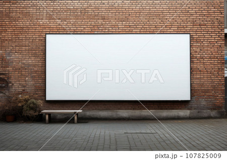 Blank billboard template in front of a wall made of bricks. Generative AI 107825009