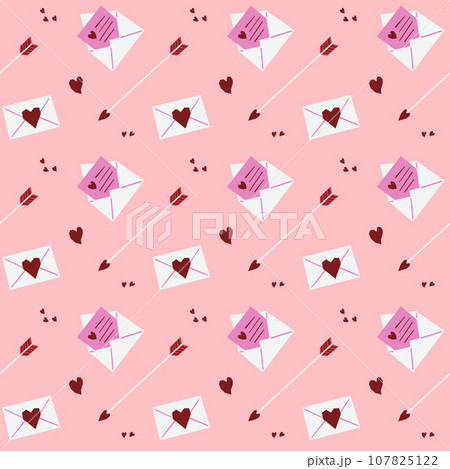 Seamless pattern from love letters, arrows and hearts. A message in an envelope for Valentines Day. Festive pattern for fabric, wrapping paper, clothing. Vector illustration. Seamless pattern from love letters, arrows and hearts. A message in an envelope for Valentines Day. Festive pattern for fabric, wrapping paper, clothing. Vector illustration. 107825122