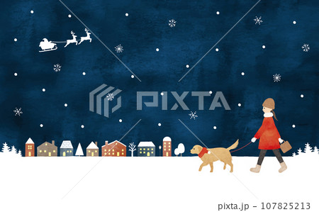 夜の雪の街で犬の散歩をする女性水彩画 107825213