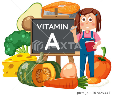 Female Student Writing Vitamin A on Blackboard Female Student Writing Vitamin A on Blackboard 107825331