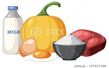 Group of Healthy Foods with Milk, Pumpkin, Egg, Rice, and Meat Group of Healthy Foods with Milk, Pumpkin, Egg, Rice, and Meat 107825396