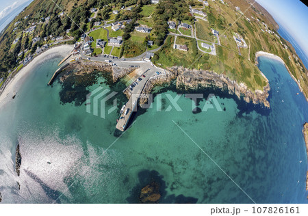 Aerial view of the pier at Leabgarrow on Arranmore Island in County Donegal, Republic of Ireland 107826161