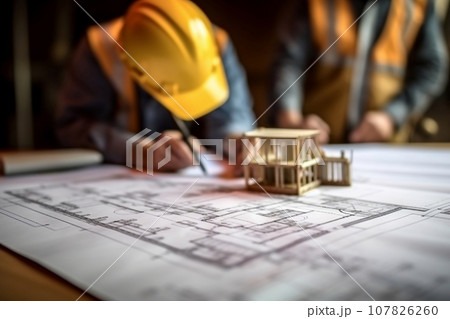 Engineer or architect meeting discuss and check construction blueprint information for architectural project. Generative AI 107826260