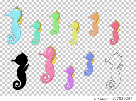 Colorful seahorse silhouette family lined up sideways 107826284