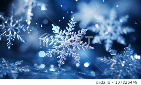 Magical shiny frozen snowflakes and snowfall sky, blue background with beautiful festive light bokeh, winter and Christmas background. Generative AI 107826449