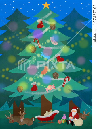 クリスマス素材 ツリーの下のサンタクロースと赤鼻のトナカイ クリスマス素材 ツリーの下のサンタクロースと赤鼻のトナカイ 107827165