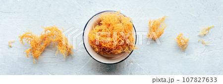 Irish sea moss panorama. Chondrus Crispus, healthy organic raw seaweed Irish sea moss panorama. Chondrus Crispus, healthy organic raw seaweed 107827633