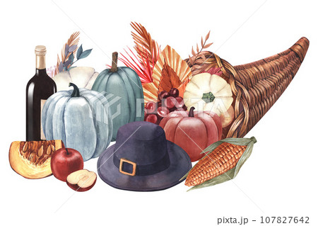 Watercolor cornucopia (horn of plenty) with pumpkin and vegetable. Hand-drawn illustration isolated on white background. Perfect for menu cafe, template food, cooking, packing food, card thanksgiving 107827642
