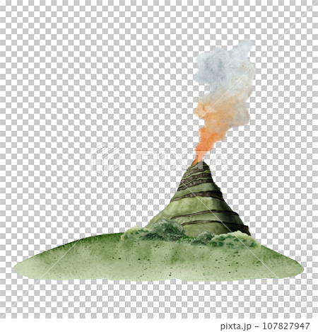 Wild nature landscape with active volcano with smoke, green hill and bushes watercolor Illustration isolated on white background 107827947