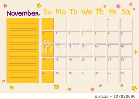 Calendar 2024 November. Retro planner design in 70s, 80s hippie style. Vector 107828696
